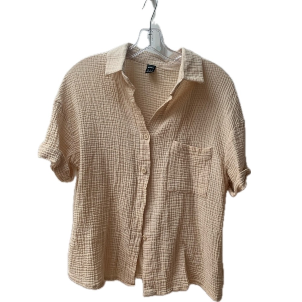 SHEIN Curve 3X Beige Gauze Button Down Shirt Oversized Cotton Look
